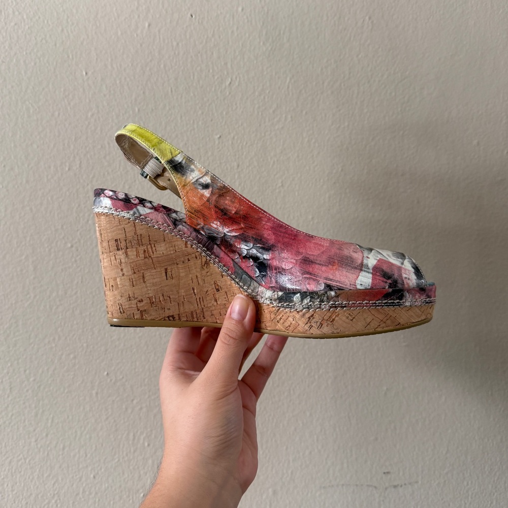 Stuart Weitzman Colorful Snakeskin Peep Toe Slingback Cork Wedges size 8.5